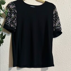CeCe Black Top with Floral Sleeves